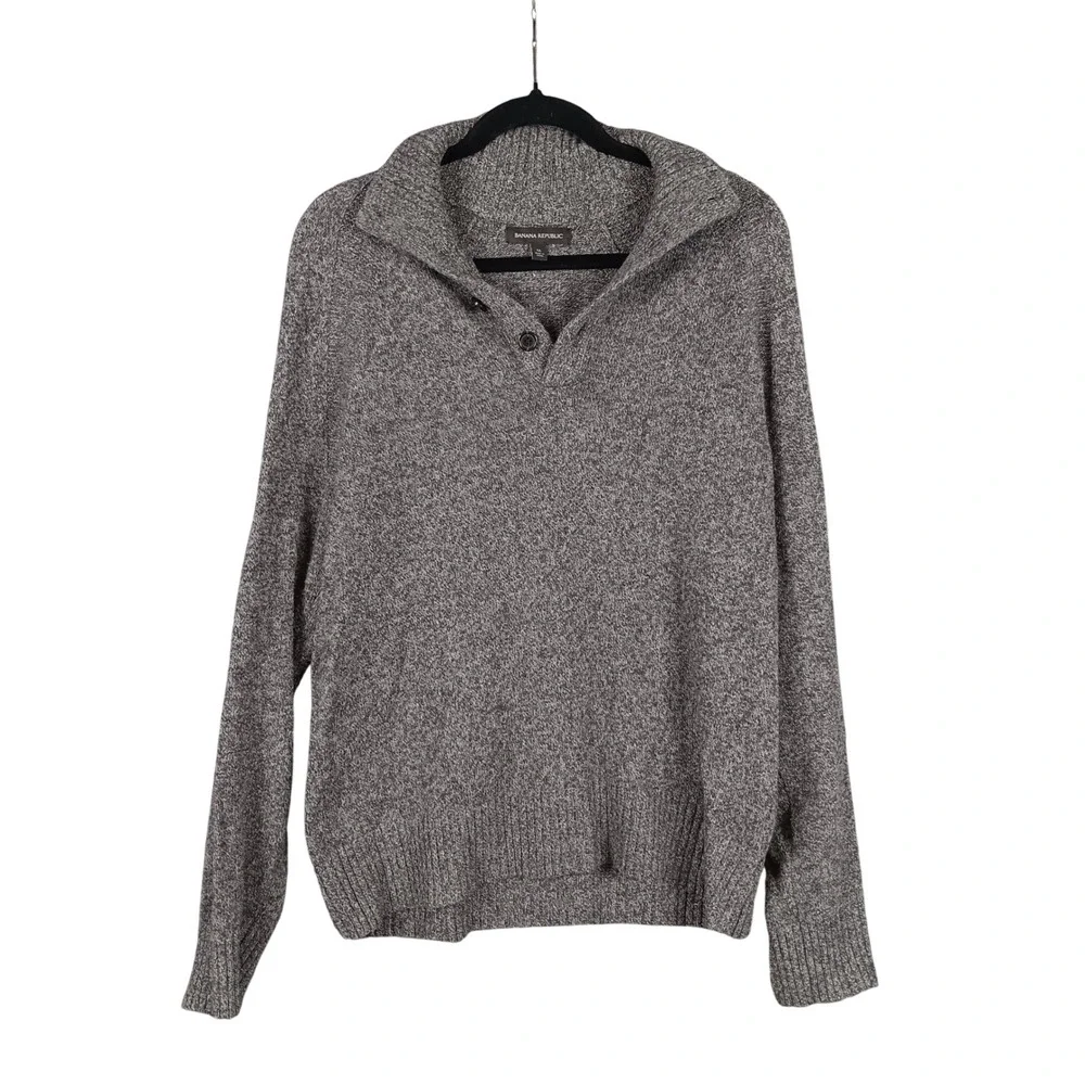 Banana Republic Mens Gray Merino Wool Blend Button Mock Neck Sweater